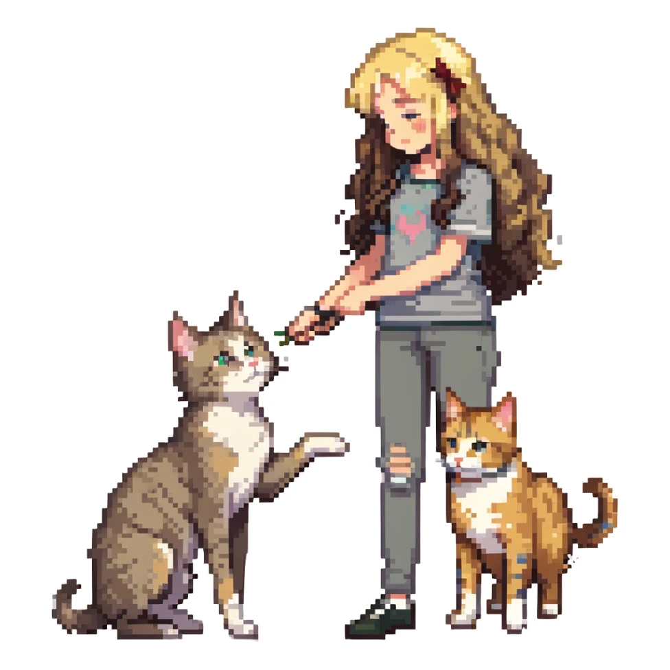 Remix: Beautiful girl with long curly brown hair, inspired by the reference, petting a gray and blonde mixed cat, pixel art style, girl standing, cat rubbing against her leg sticker