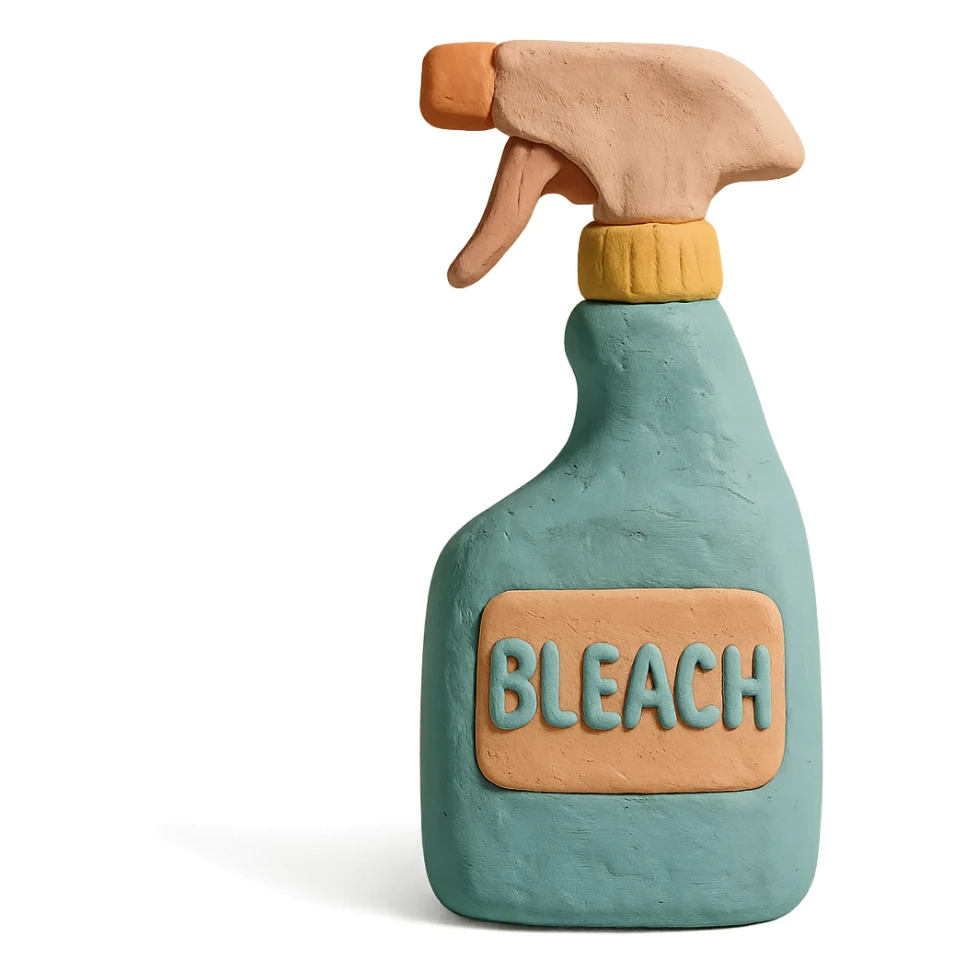 close-up of bleach spray bottle with trigger in claymation style, soft lighting, pastel colors sticker
