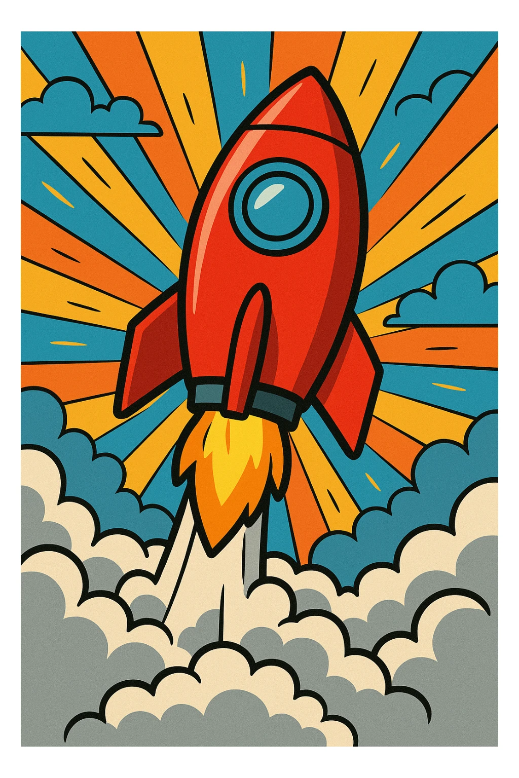 red rocket ship blasting off with smoke, playful cartoon style, bright colors, dynamic pose sticker