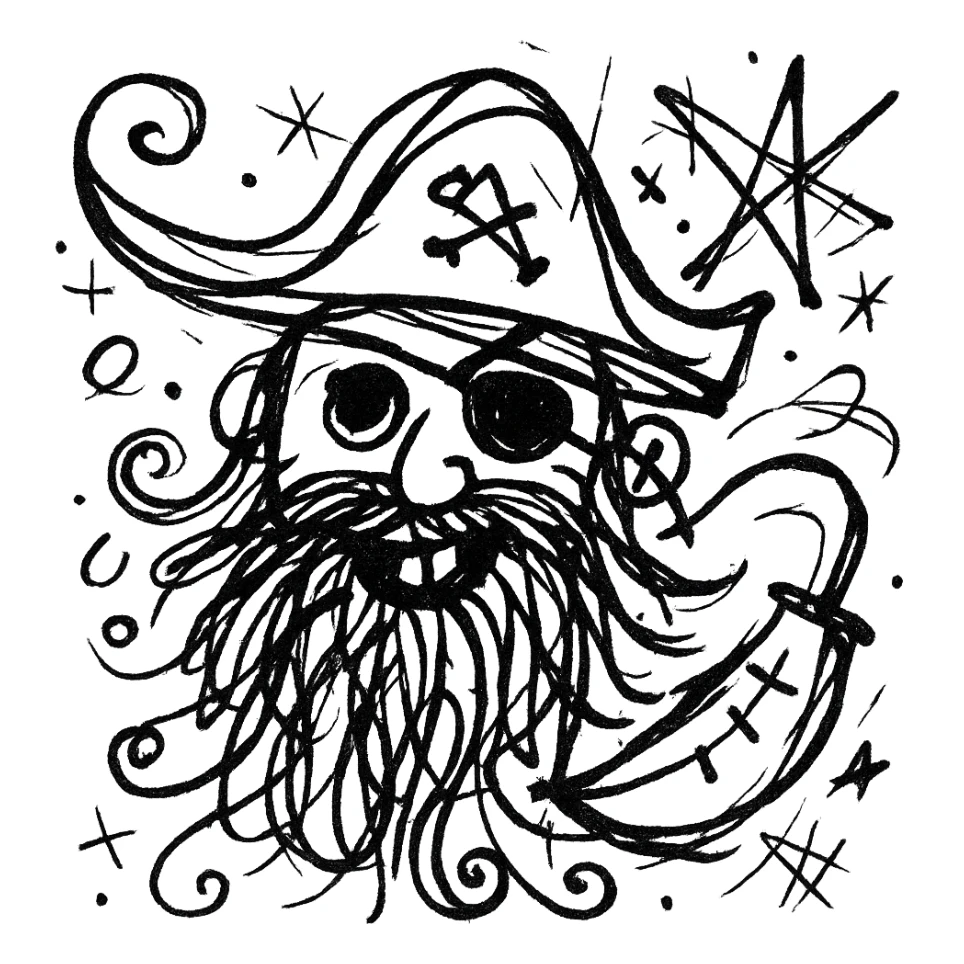 A pirate with a long beard, chaotic doodle style, playful and irregular lines sticker
