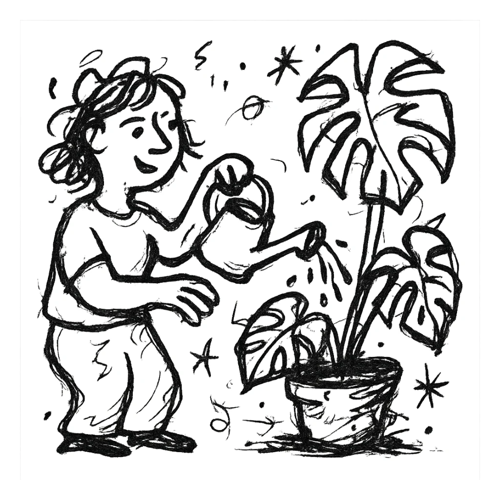woman watering her monstera plant sticker