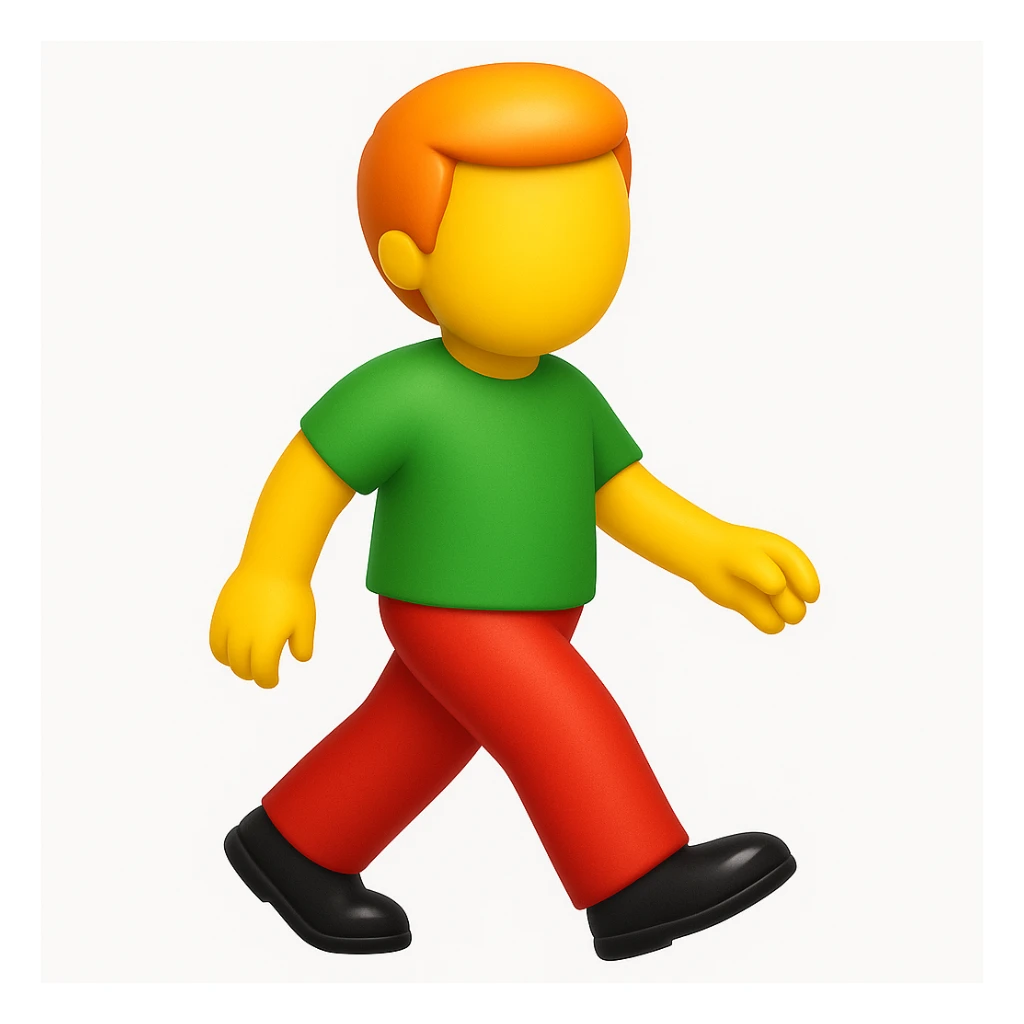 Make a more emoji-like image that looks exactly like the reference: walking man, no face, orange hair, green shirt, moderate red pants, black shoes, 3D iOS emoji style. Add a glossy effect to the shoes. sticker