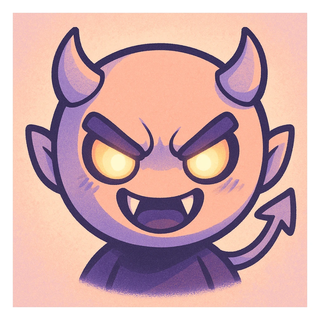 devil emoji, chibi style, pastel palette with peach and lilac colors, sharp fangs, glowing eyes, dramatic shadows sticker