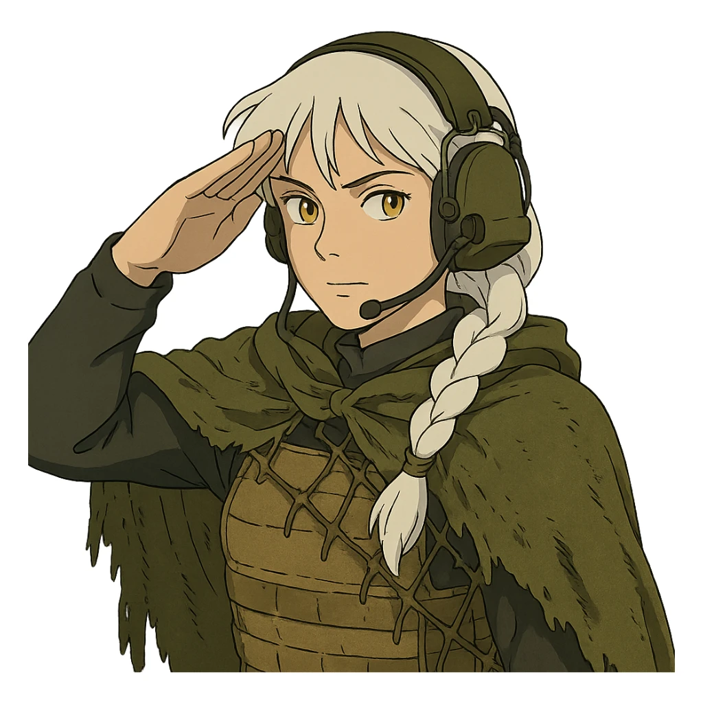 1 female, mid 20's, white hair in a long braid, gold yellow eyes, adorned in a black long sleeve shirt, tan body armor and a worn olive-green cloak with netting holding it together. She wears a COMTAC headset. is giving a stealthy salute sticker