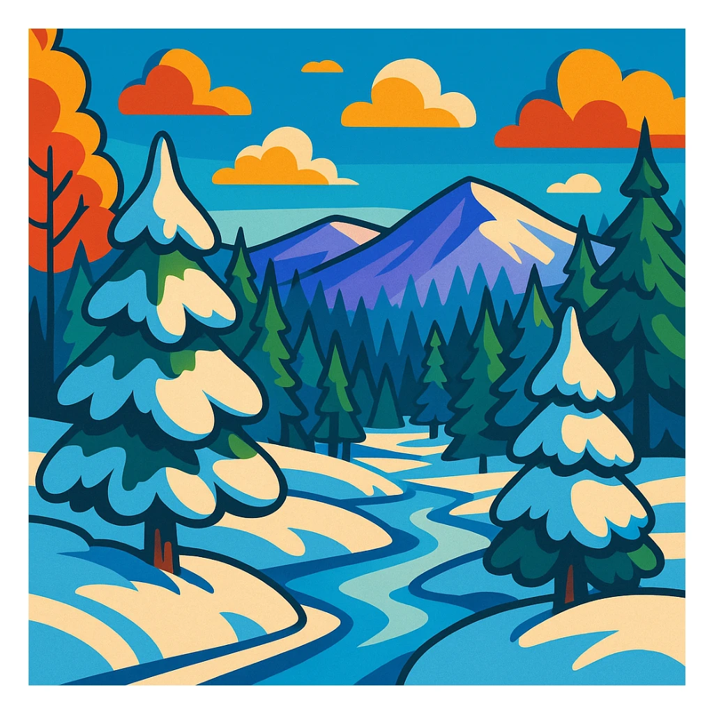 Siberia landscape, snowy forest, vibrant cartoon style sticker