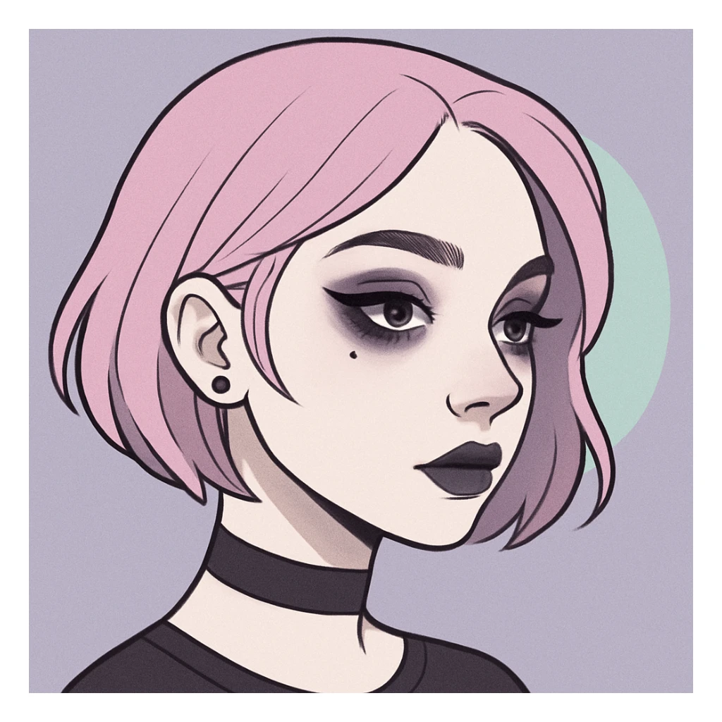 Make this pastel goth profile picture more goth, keep it cute, expressive, and minimal, in the style of imagen-4-fast-KaUtLiSA10F. Enhance goth elements with subtle dark tones and pastel goth aesthetics while maintaining cuteness and expressiveness with minimalistic design. sticker