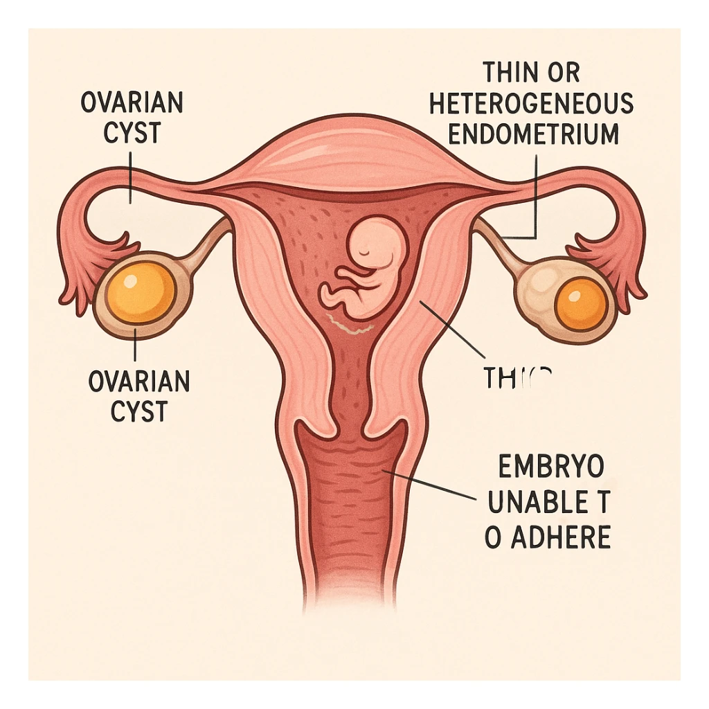 cross section of uterus with thin or heterogeneous endometrium, highlighted ovarian cysts, stylized embryo unable to adhere, scientific atmosphere, explanatory captions, light background sticker