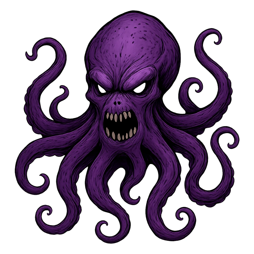 Remove the nose, make the octopus look scary, keep the purple color, with no background. Maintain the original style and details of the octopus while making it look scary and purple. sticker