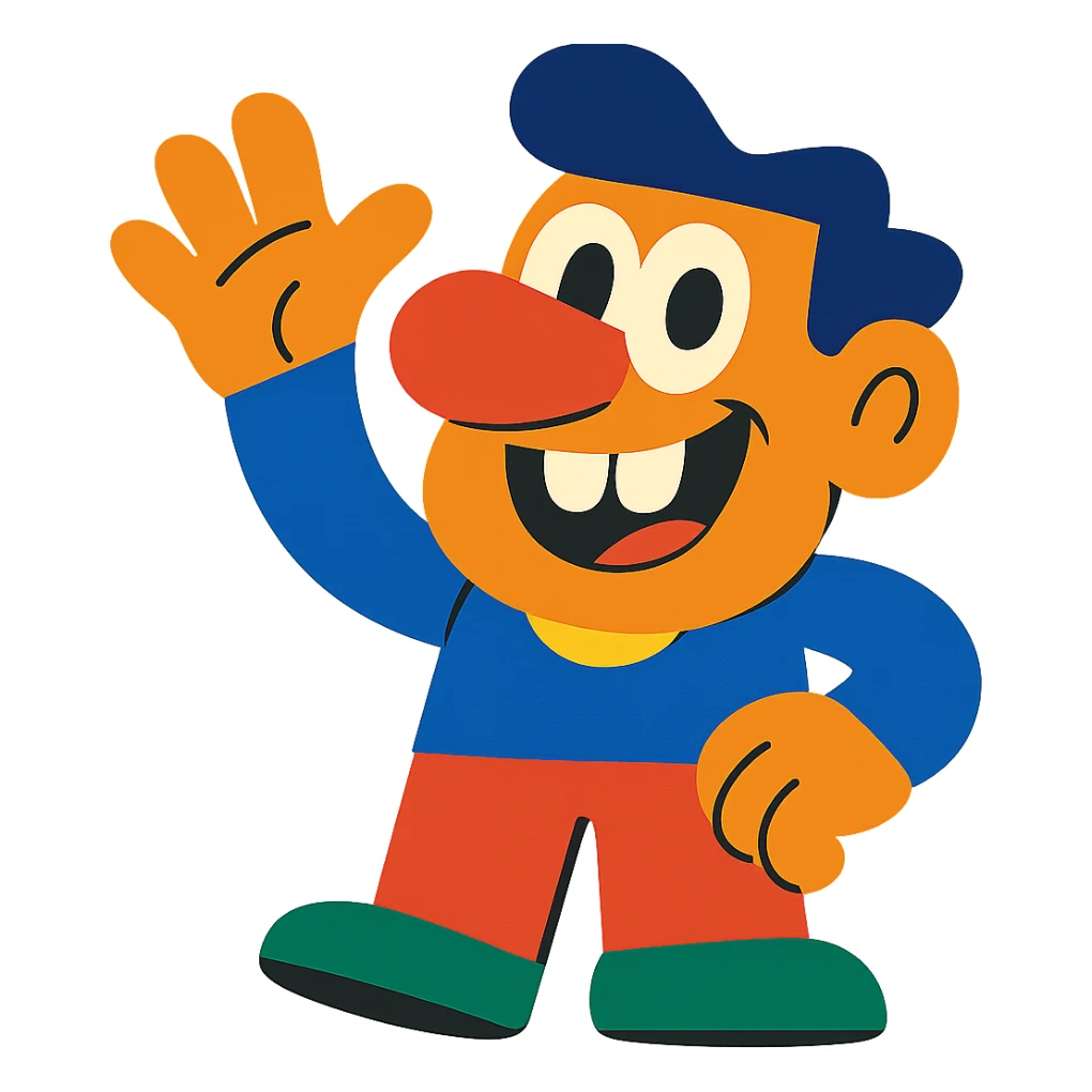 a cheerful character with a big nose, buck teeth, and waving hand, cartoon style, vibrant toon, colorful and lively illustration sticker
