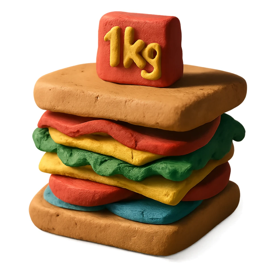 claymation style big sandwich with '1kg' on top sticker