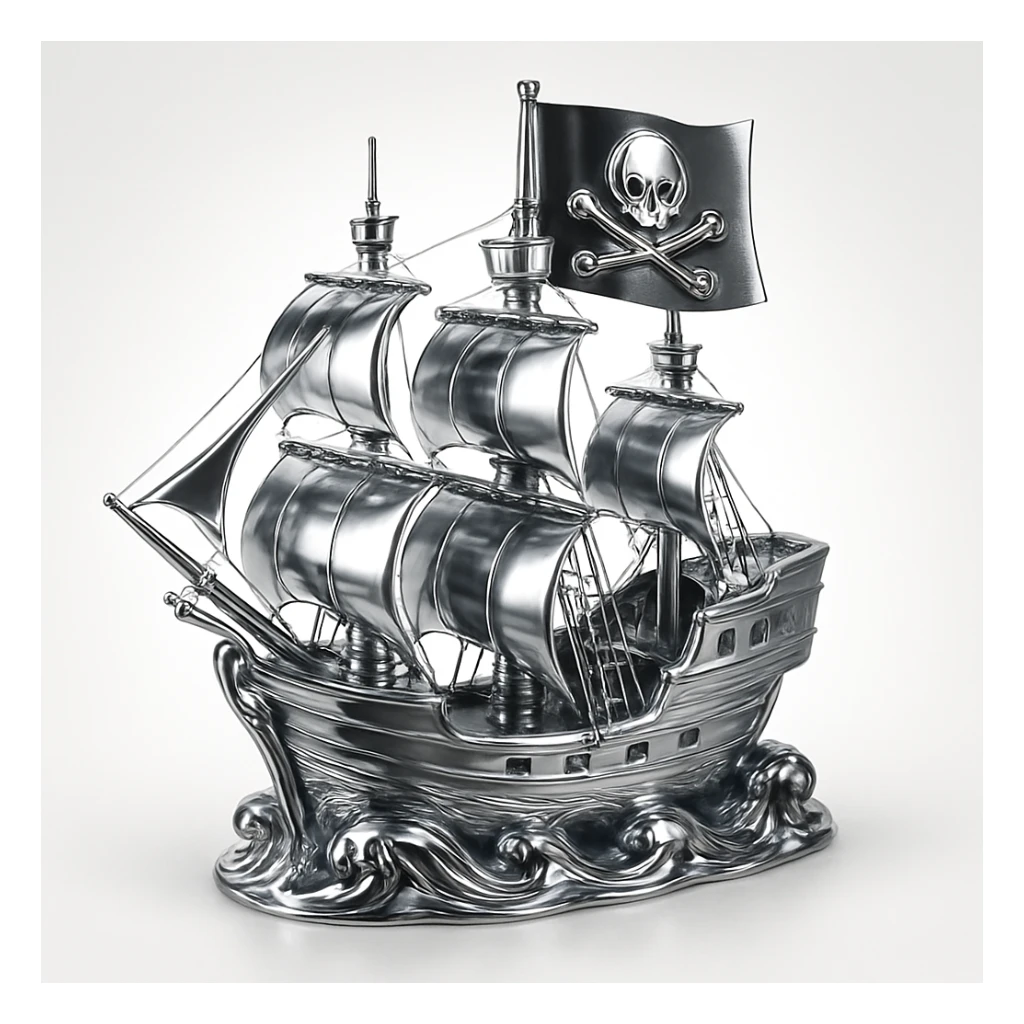 chrome style pirate ship on stormy seas with large flag showing chrome skull and crossed bones emblem, highly reflective metallic chrome style on ship and flag sticker