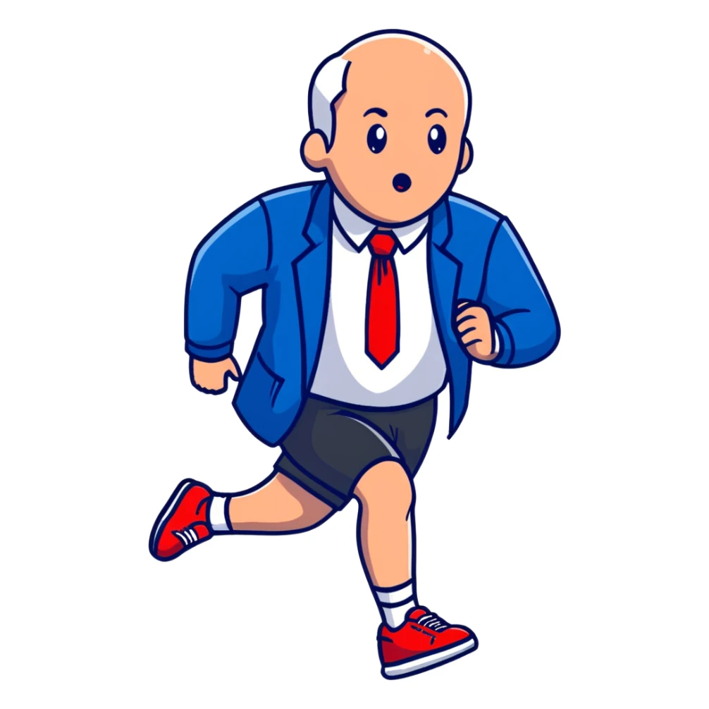 a running white man wearing a blue jacket, shorts, red sneakers, and a flowing red tie sticker