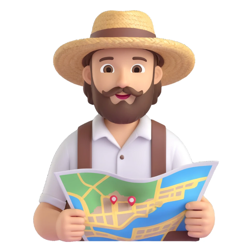 Make the bearded traveler look younger while keeping the straw hat and map, in 3D emoji style, with no background. sticker