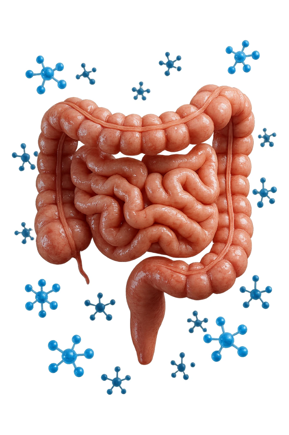 INTESTINO UMANO ANATOMICO CON MOLECOLE CHIMICHE BLU IN 3D CHE GLI FLUTTUANO INTORNO, IPERREALISTICO 4K sticker