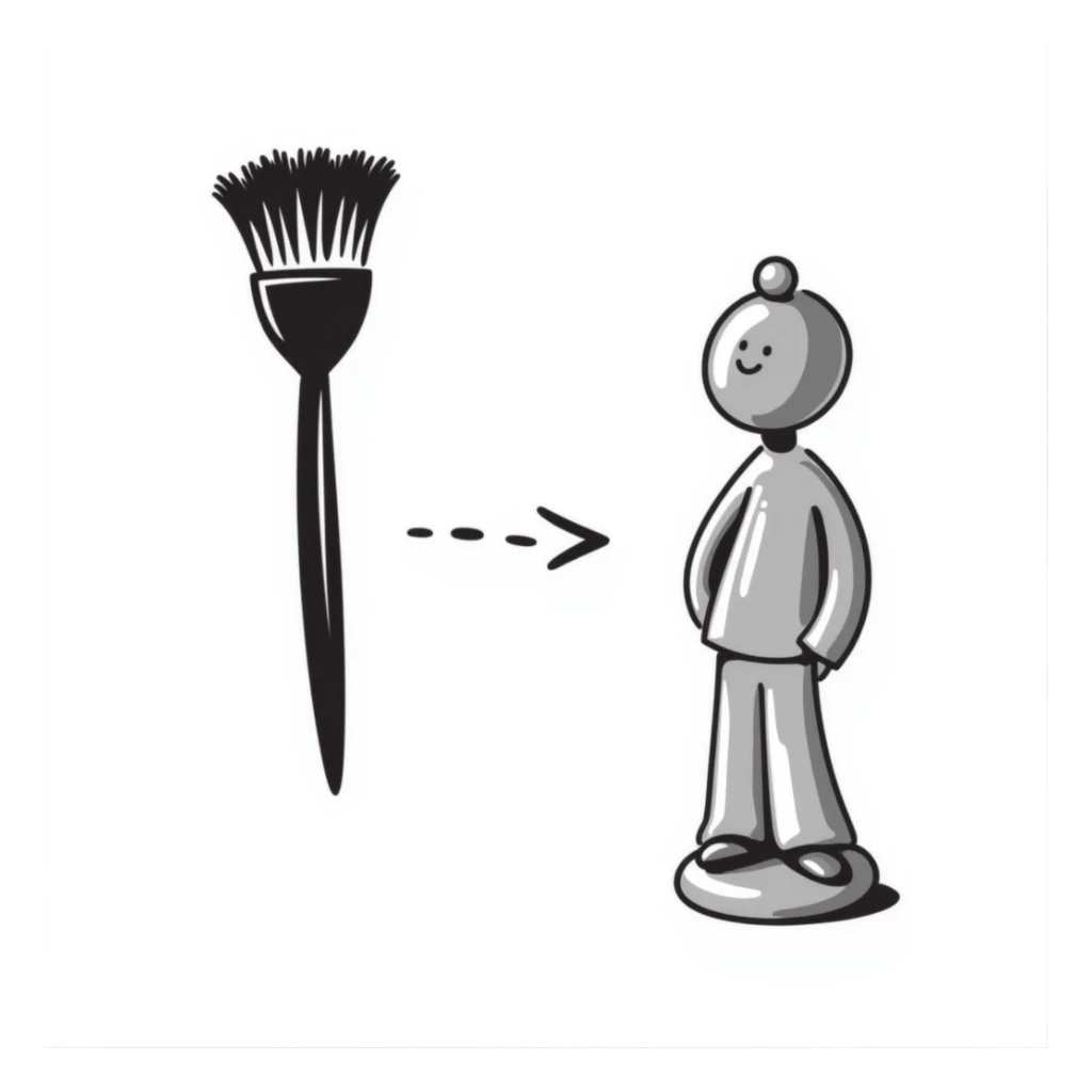 A paintbrush morphing into a silver metal human figure sculpture, representing artistic identity, with a shiny silver finish sticker