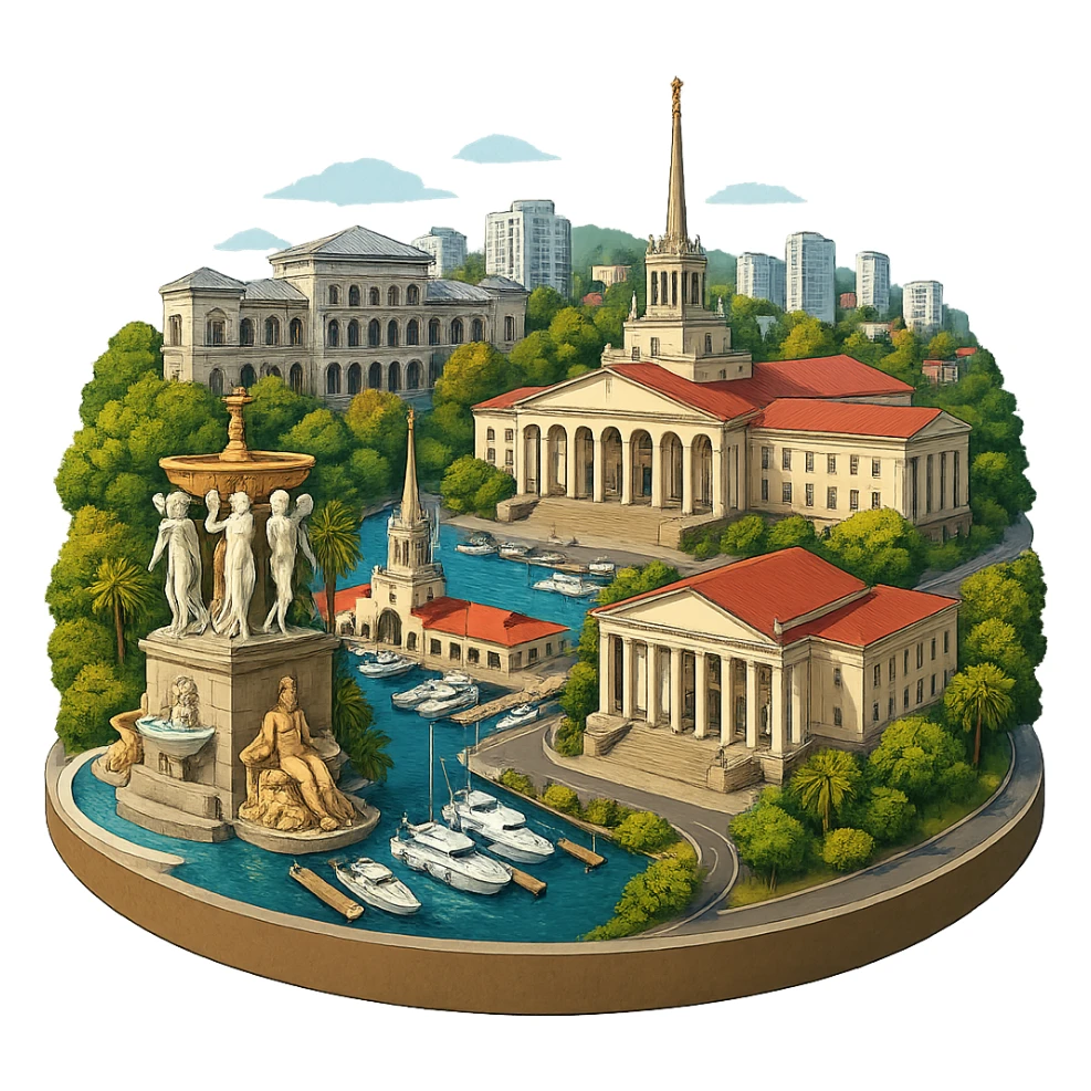 Изометричная, яркая, детализированная и фотореалистичная иллюстрация панорамы города Cочи на круглой подставке в стиле 3D-коллажей городов, здание Морского Порта, Зимний театр, Санаторий имени С. Орджоникидзе, море, причал, яхты чёткие линии, слегка мультяшная стилистика, прозрачный фон, не обрезать края картинки sticker