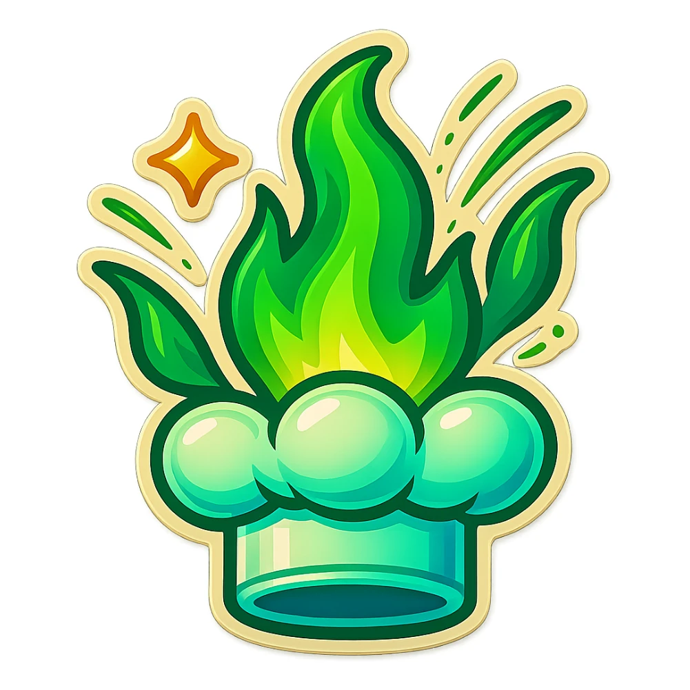 chef's hat explode with trails of fires, emoji, playful, magic flame green gradient, vibrant, flame matching style reference file sticker