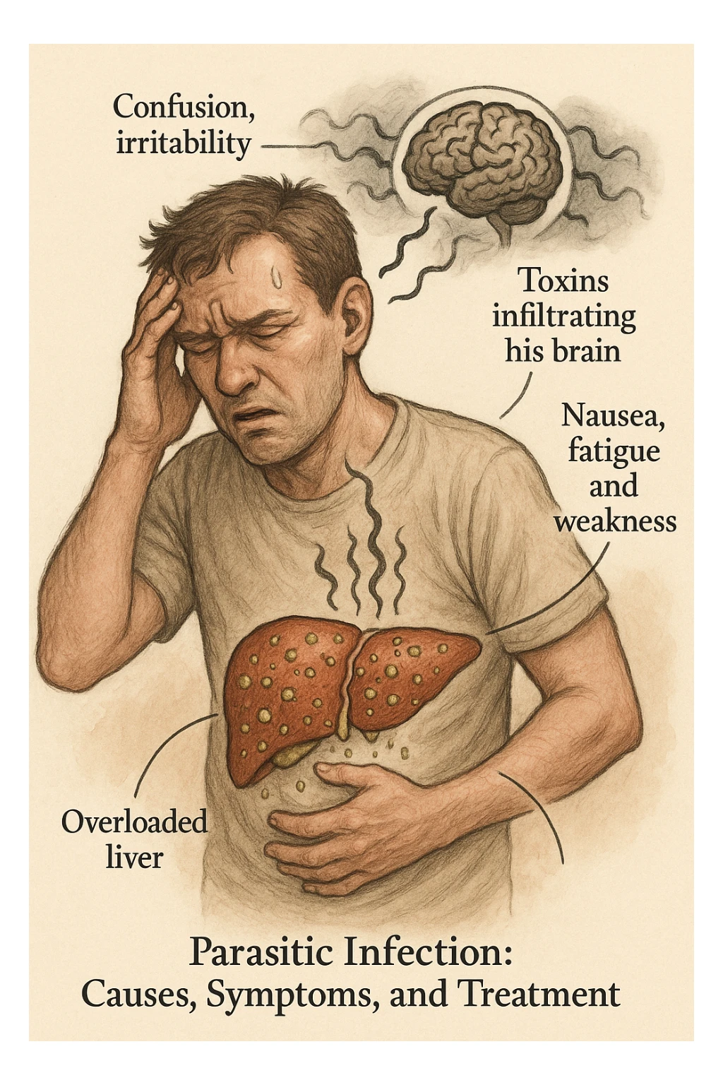 "Man feeling increasingly unwell as his liver fails to filter toxins, nausea, tiredness, and weakness overwhelming him as toxins infiltrate his brain causing confusion and irritability Parasitic Infection: Causes, Symptoms & Treatment, expression of mental fog and physical exhaustion, liver shown as overworked organ with reduced filtration capacity, toxic buildup affecting entire body systems" in italiano sticker