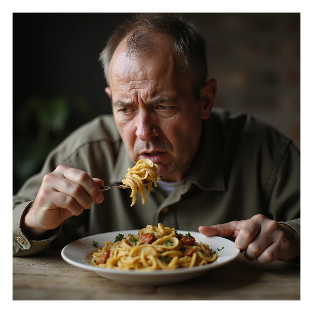 a sad man about 20 years old eating a plate of pasta, sad expression, hyperrealism 4K, variation 1 sticker
