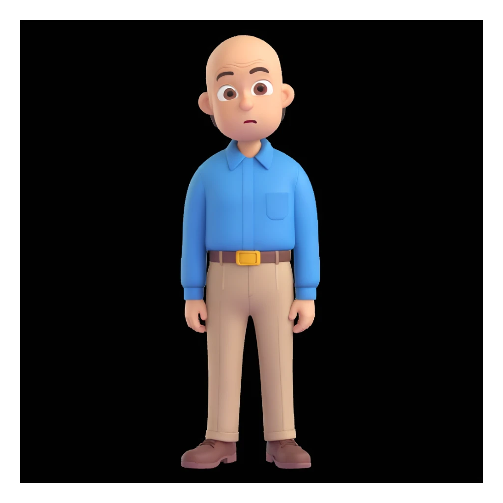 Carl from Sling Blade, blank or goofy expression, chin sticking out, slouching posture, no glasses, shirt with collar, three-quarter face angle, entire body visible, standing, head sticking forward, emoji style sticker