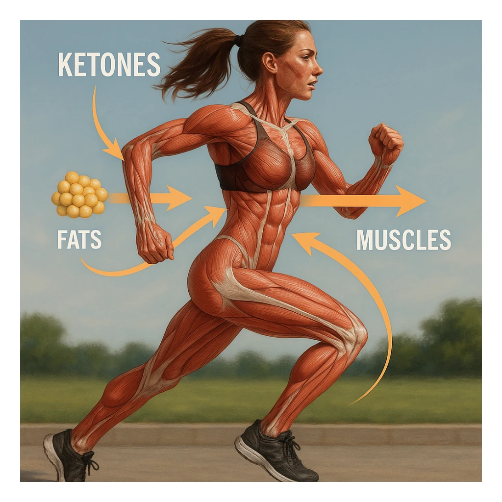 slim woman in 4K running with anatomical overlay showing muscles using ketones, arrows indicating energy flow from fats to muscles sticker