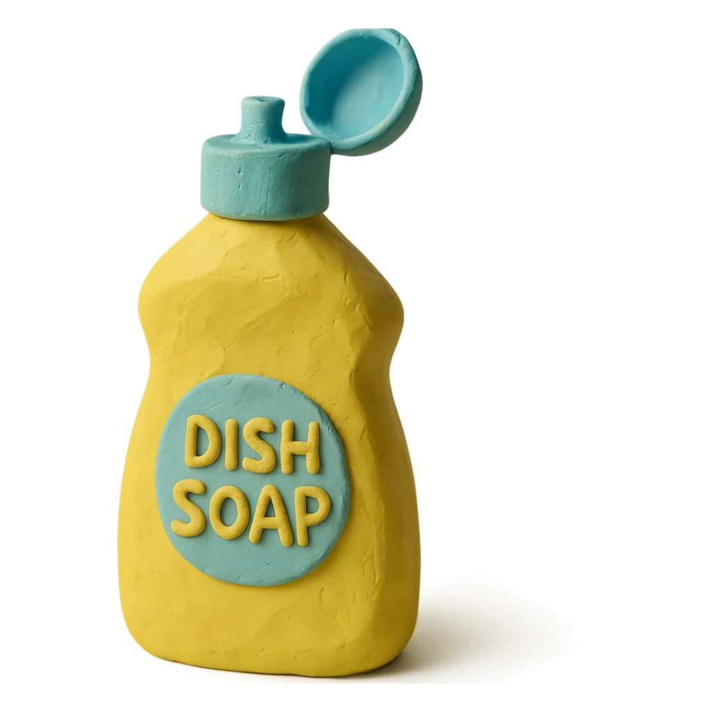 close-up of dish soap bottle in claymation style with cap open, soft lighting, pastel colors sticker