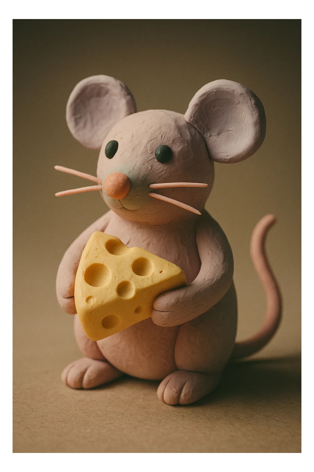 A mouse in claymation style with a matte, plasticine texture, visible fingerprints, and pastel colors, holding a piece of cheese. sticker