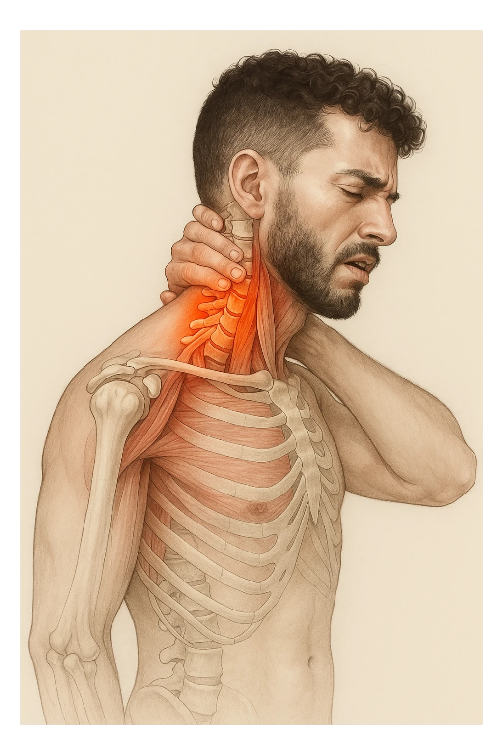 Uomo con dolore per infortunio vista anatomica in piedi con dolori cervicali sticker