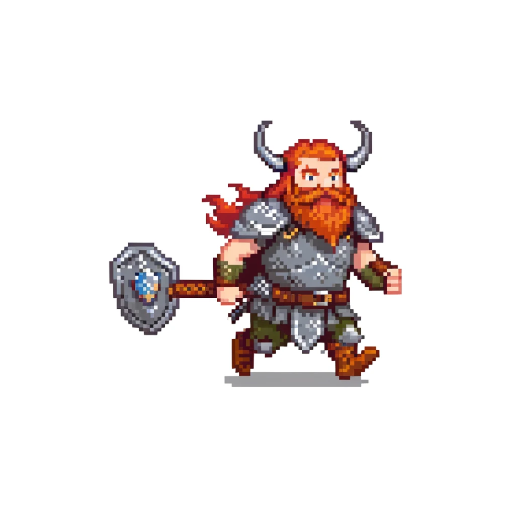 pixel art ginger viking with red beard and armor, running animation frame 1, legs wide apart sticker