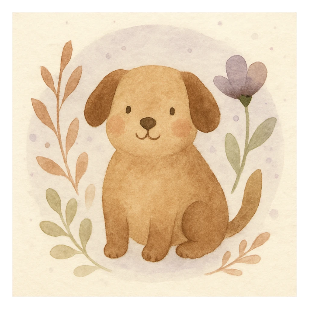 <systemPrompt>
  <style name="Watercolor Botanical Illustration">
    <medium>Watercolor</medium>
    <texture>
      <paper>Soft cotton texture, subtle grain</paper>
      <wash>Transparent color washes with visible layering</wash>
    </texture>
    <palette>
      <primary>Muted earth tones (browns, reds)</primary>
      <accent>Pastel purples and blues</accent>
      <background>Faded lavender wash with scattered dots</background>
    </palette>
    <details>
      <linework>Minimal, soft edges, no outlines</linework>
      <shading>Natural blending, subtle tonal gradients</shading>
      <features>
        <botanical>Organic shapes, abstract leaf and petal structures</botanical>
        <animal>Round forms, friendly expressions, simplified anatomy</animal>
      </features>
    </details>
    <composition>
      <focus>Centered subject</focus>
      <background>Soft circular watercolor wash</background>
      <spacing>Balanced with gentle whitespace</spacing>
    </composition>
    <atmosphere>Whimsical, serene, hand-painted</atmosphere>
  </style>
  <instructions>
    Use this style for all elements in the image. Ensure the soft watercolor texture is preserved across both the subject and background. Emphasize organic, natural forms with minimal sharp detail.
  </instructions>
</systemPrompt>

{subject} = dog sticker