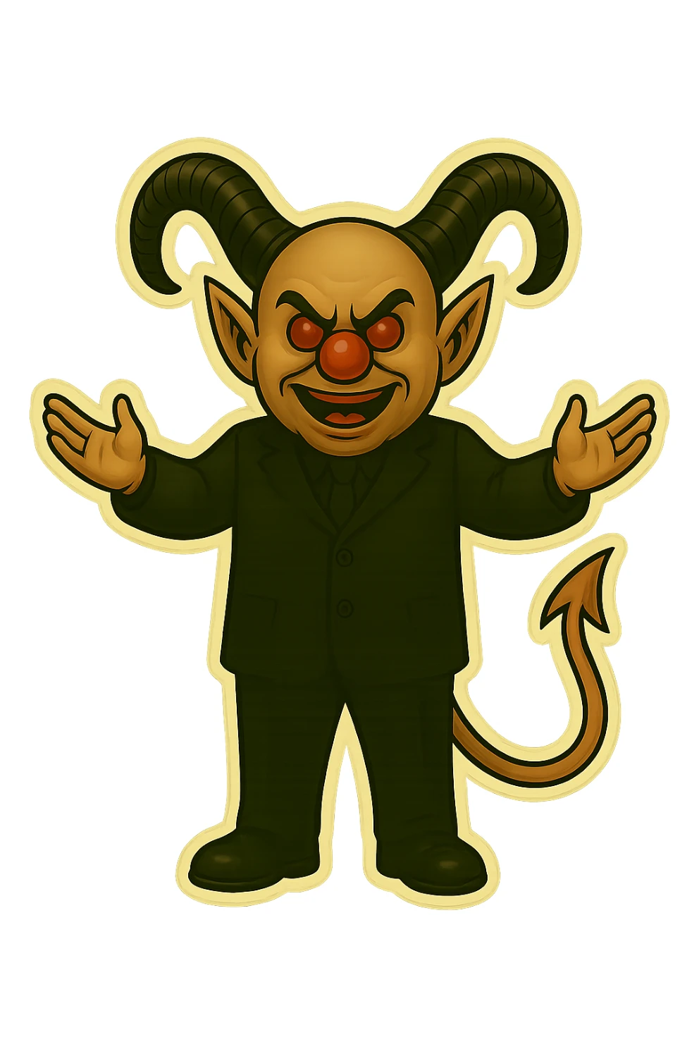 Evil clown wizard in retro sticker style, transparent background, arms outstretched as if welcoming, wearing an all black suit, no pentagrams. Use the reference images for face, horns, and tail. sticker
