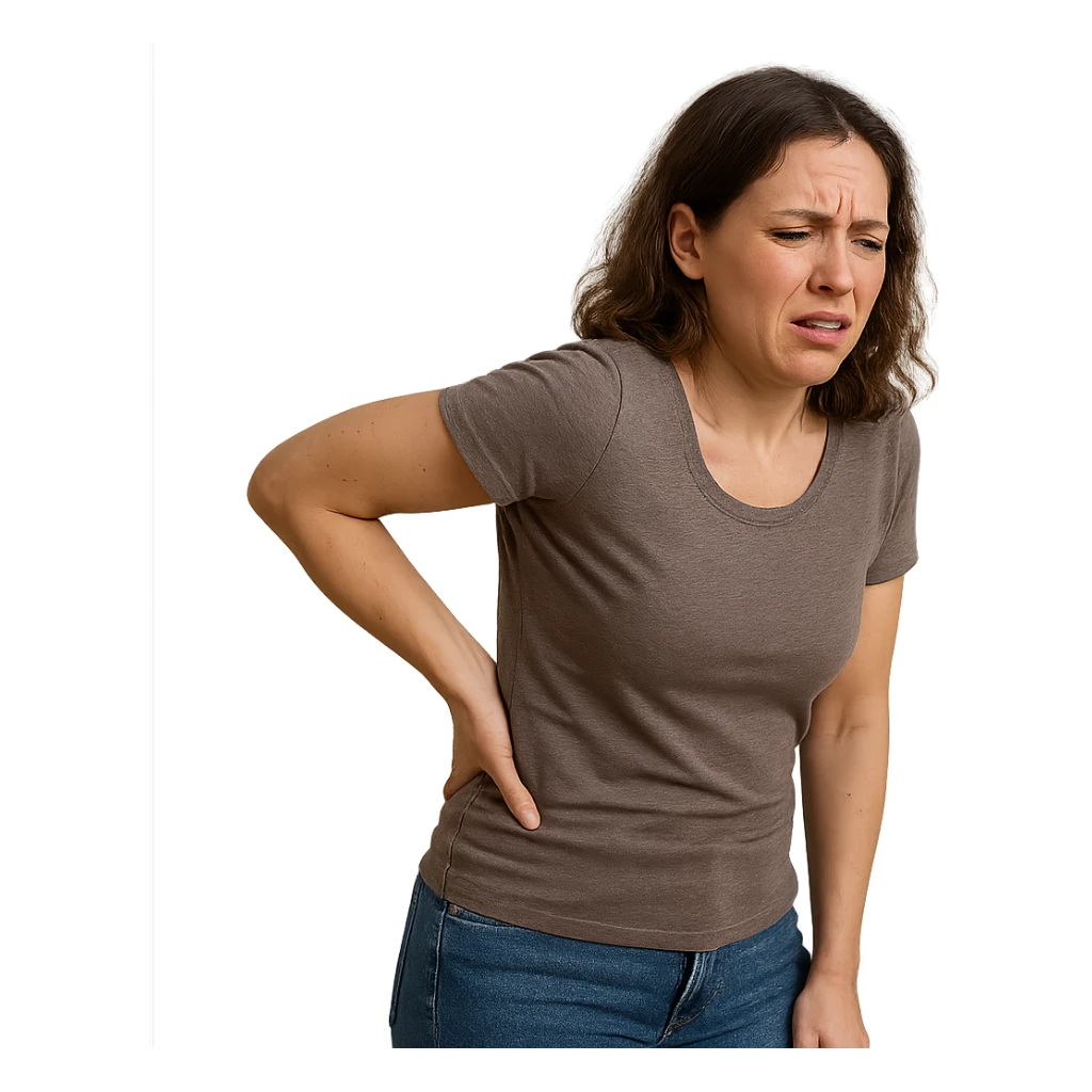 realistic woman with tense posture and face showing discomfort, one hand on back, isolated composition on white background sticker