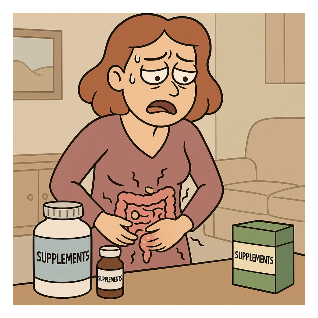 woman with intestinal dysbiosis caused by wrong supplementation, educational cartoon style, suffering expression, simplified clinical details, home environment, visible supplement packages sticker