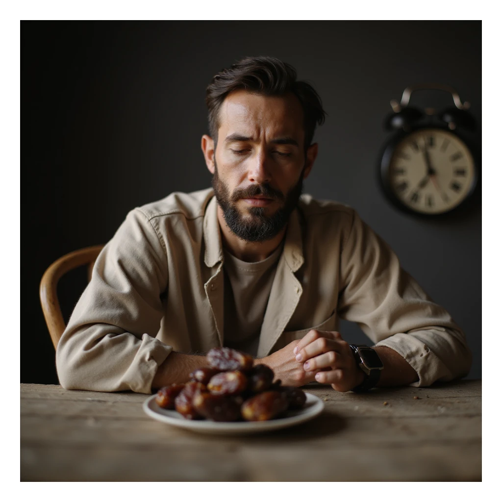 hyperrealistic 4K image of a man preparing to break his fast, in front of him a small plate with dates, clock showing 23 hours, expression of gratitude and concentration, Zen environment sticker