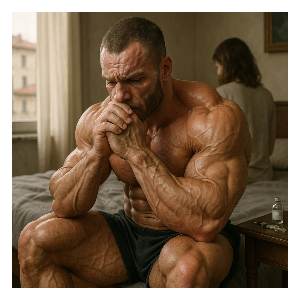  bodybuilder che fa cicli senza base di testosterone, con problemi intimi legati alla coppia, iper realistica, in italiano se usi testo sticker