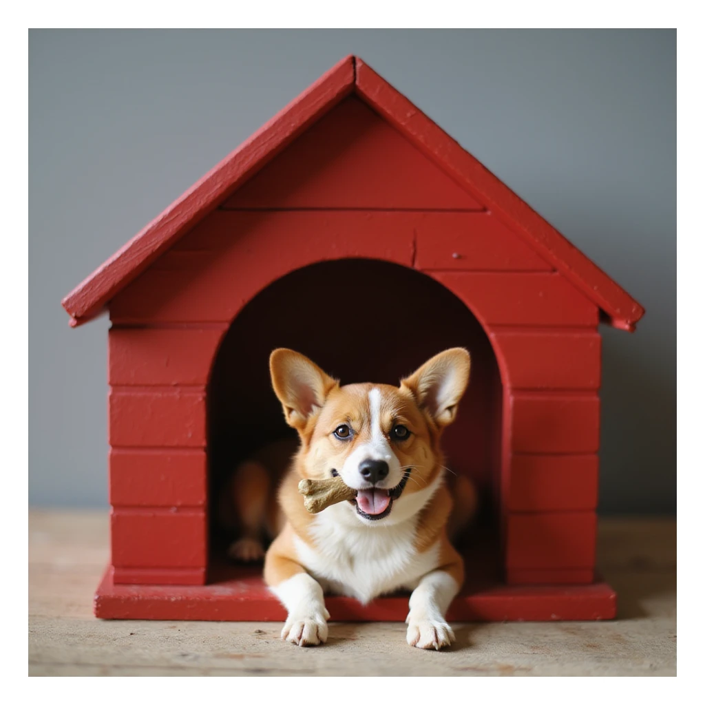 realistic red dog house with a Corgi dog inside, Corgi with a chew bone, photorealistic style sticker