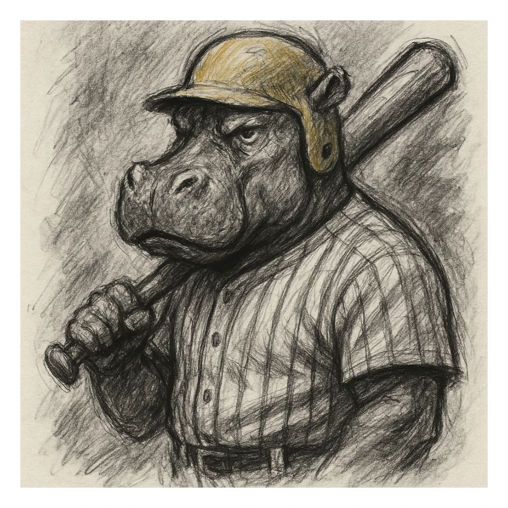 hippo holding a baseball bat, wearing a yellow helmet, pinstripes outfit sticker