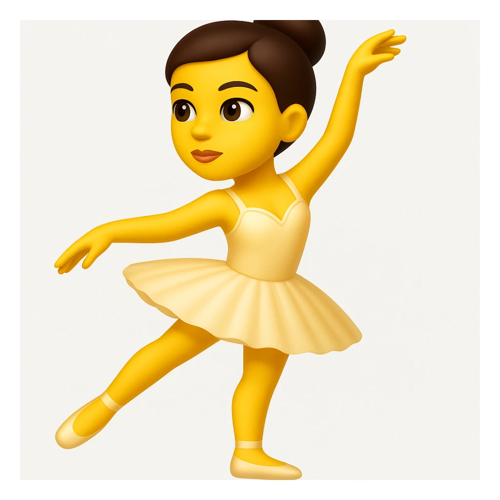 Create a ballerina emoji exactly like the reference image but without the cup head. The emoji should be in iOS emoji style, featuring a classic ballerina pose with a tutu, elegant, smooth, and shiny appearance. Add a subtle highlight to the emoji. sticker