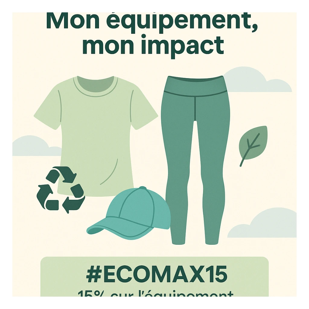 Decathlon app screen, modern style, header with 'Mon équipement, mon impact', stylized illustrations of sustainable sports clothing, eco-responsible pictograms (recycling, leaves), promo banner #Ecomax15, soft green, beige, white, light blue palette, vertical format, sporty and responsible atmosphere sticker