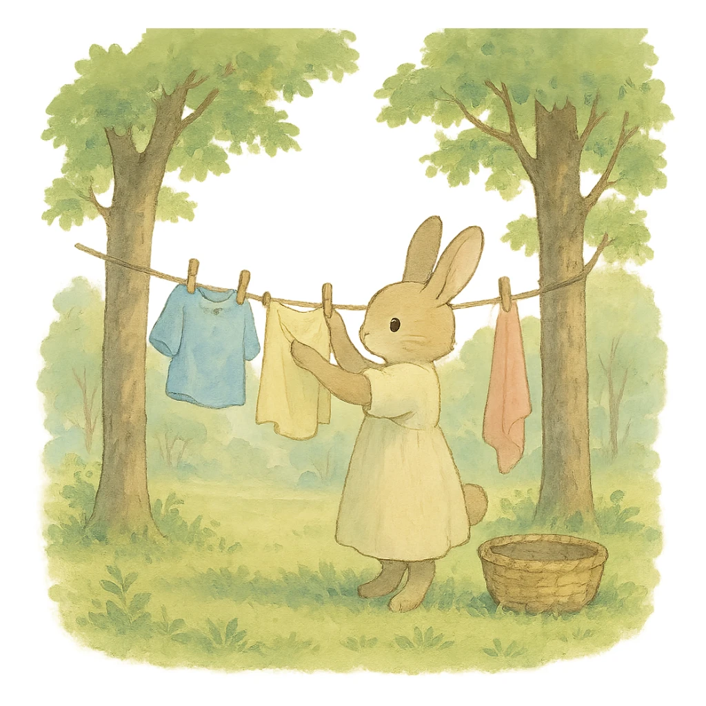 bunny hanging laundry between trees, calming domestic forest feel, soft pastel colors sticker