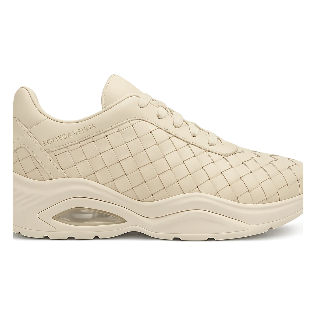 Bottega Veneta Orbit sneaker, close-up on woven leather, modern silhouette, premium craftsmanship sticker