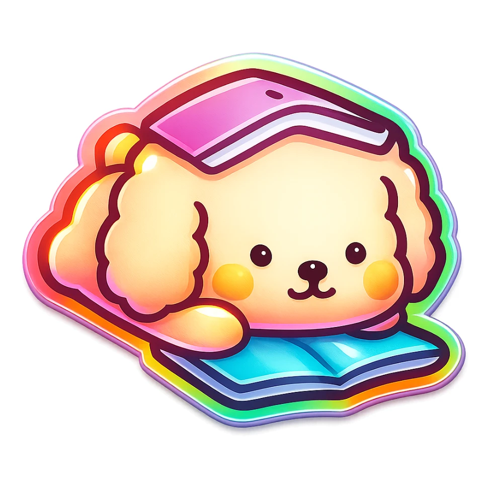 Transform the image into a WhatsApp sticker style with the cute dog holding a book on its head. Remove the background completely and add a white border around the dog for a sticker effect. sticker