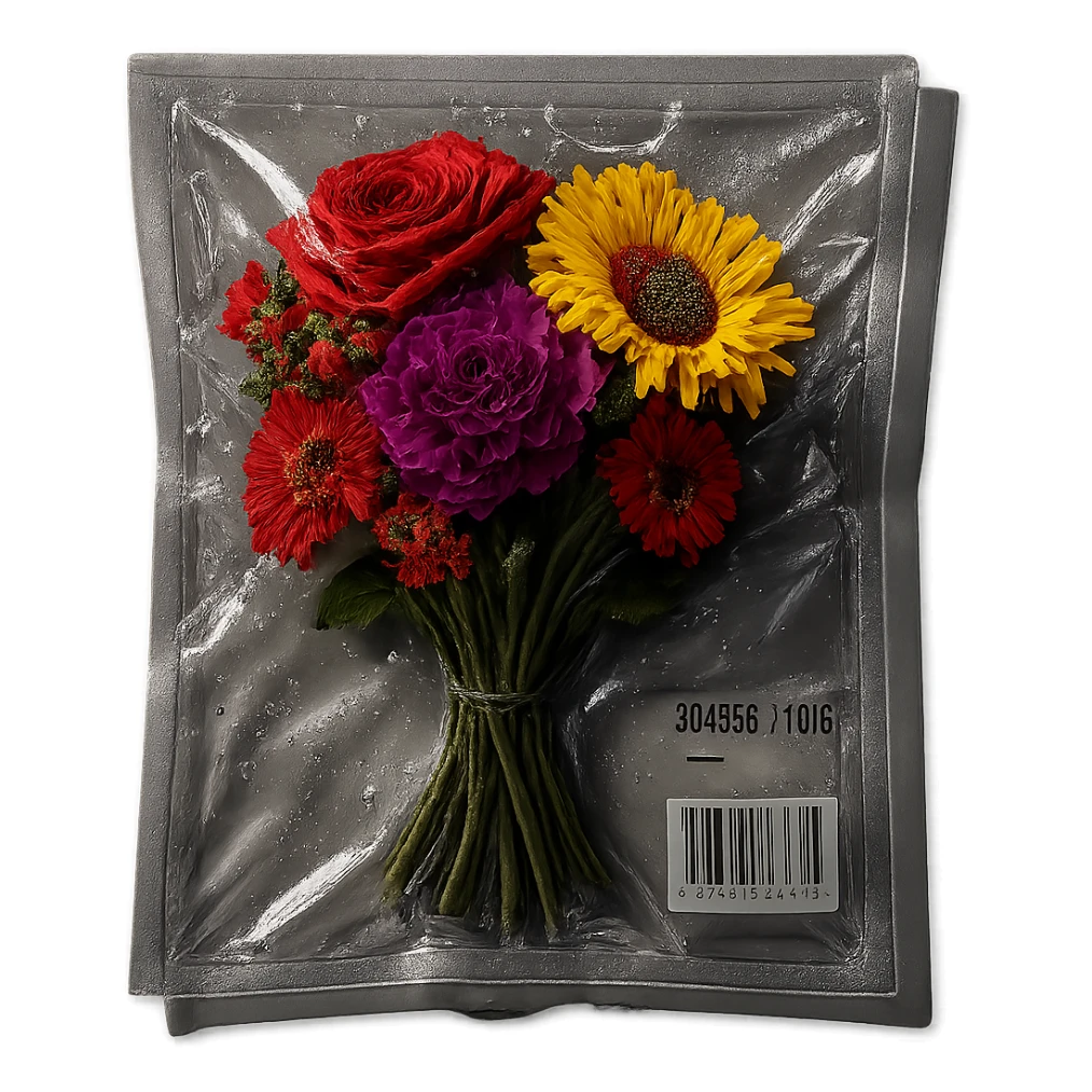 vacuum-sealed bouquet of flowers, flattened in clear plastic sticker