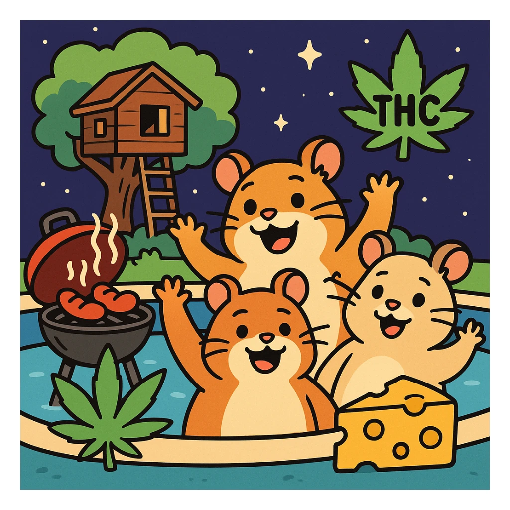 Discord server icon, 512x512 px, square format, summer pool cookout scene with up to 3 hamsters waving and smiling, weed leaf, cheese, and THC theme, near a treehouse, in space. Flat toon style, more saturated colors, bold outlines, nostalgic, fun, inviting, summer party vibe, clear composition, crisp details, designed to look good even at tiny size. sticker