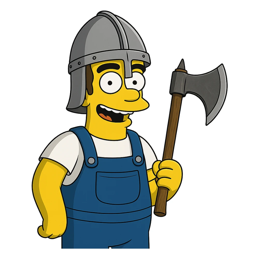 Regenerate the image keeping the same angle, facial expression, clothing, and size proportions of the character. Add a realistic one-handed medieval axe held in the character's hand and a helmet. Maintain the style of The Simpsons. Transparent background. sticker