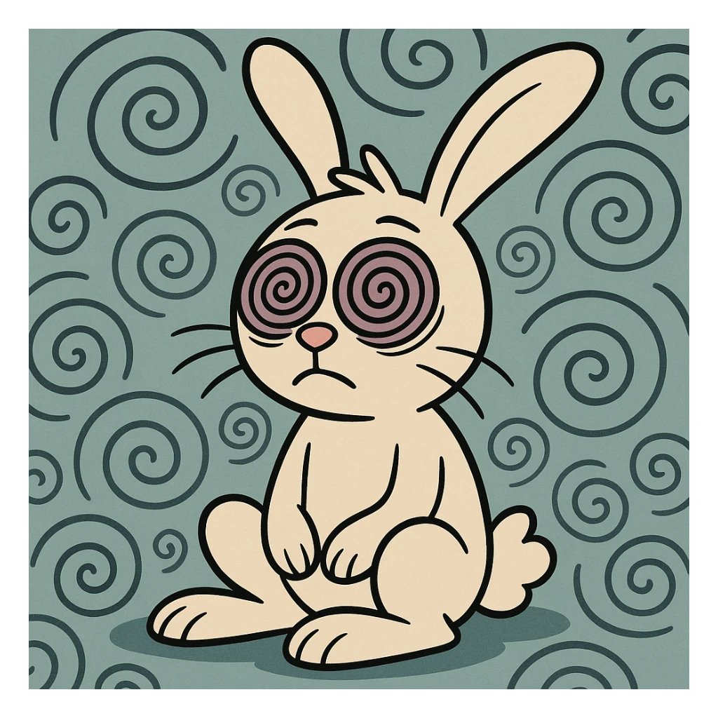 a rabbit with hypnotic spiral eyes, sitting in a trance, surrounded by swirling patterns, cartoon style sticker