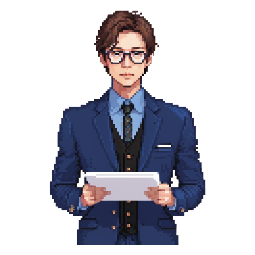 Flat pixel art, focused and reserved male architect, American, Caucasian features, short sleek brown hair, wearing glasses, intense sharp eyes, wearing a deep indigo suit jacket over a black shirt, holding a blue print, waist-up, front-facing sticker