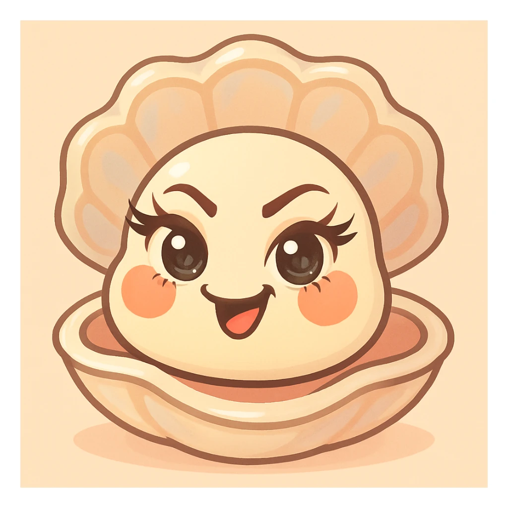 Enhance the oyster's eyes to be even more expressive and luminous with long, elegant eyelashes. Accentuate the pastel, pearly, cream, peach, and greige nuances more strongly. Keep the shell large and the oyster small. Maintain the pastel toon style, the background, and the mischievous expression as is. sticker