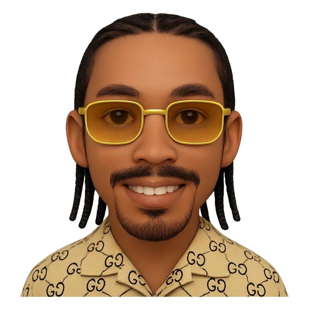Create an emoji style smiley with a thin face, slightly lighter skin tone, chin-only beard (no hair under the lower lip), mustache only above the upper lip, no hair under the lower lip, very detailed black braided hair starting from the roots and falling to the sides and back as shown in the reference photos, rectangular golden sunglasses, beige top with GG pattern and visible collar, transparent background. Faithful details to the photo. sticker