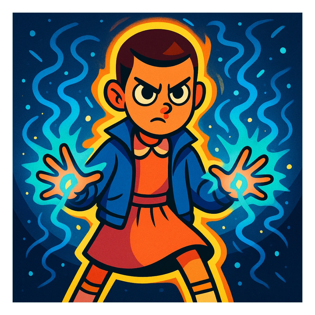 Stranger Things inspired character using supernatural powers like Eleven, glowing effects and telekinetic energy, vibrant toon style sticker